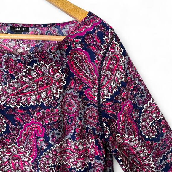 Talbots Women's Paisley Three-Quarter Peplum Sleeve Crepe Top L Fuchsia Purple - Picture 8 of 11